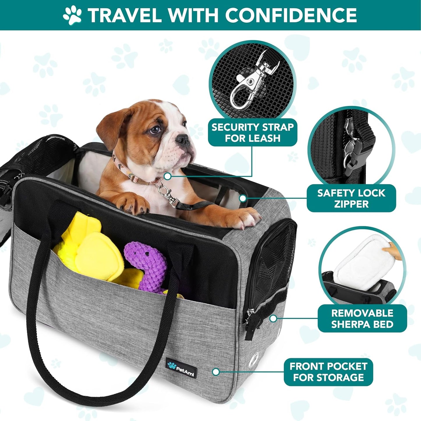 Soft-Sided Dog and Cat Carrier, TSA Approved Travel Tote with Pockets and Ventilation, Includes Bed and Shoulder Strap, For Pets Up to 12 lbs, Heather Grey