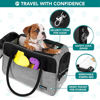 Soft-Sided Dog and Cat Carrier, TSA Approved Travel Tote with Pockets and Ventilation, Includes Bed and Shoulder Strap, For Pets Up to 12 lbs, Heather Grey