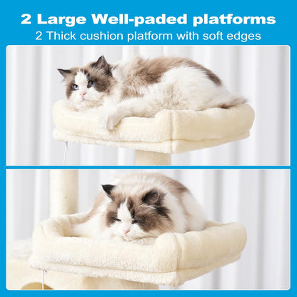 Large Multi-Level Cat Tree Condo with Sisal-Covered Scratching Posts, Spacious Plush Condos, and Perch Hammock for Cats and Kittens - Beige MPJ020M