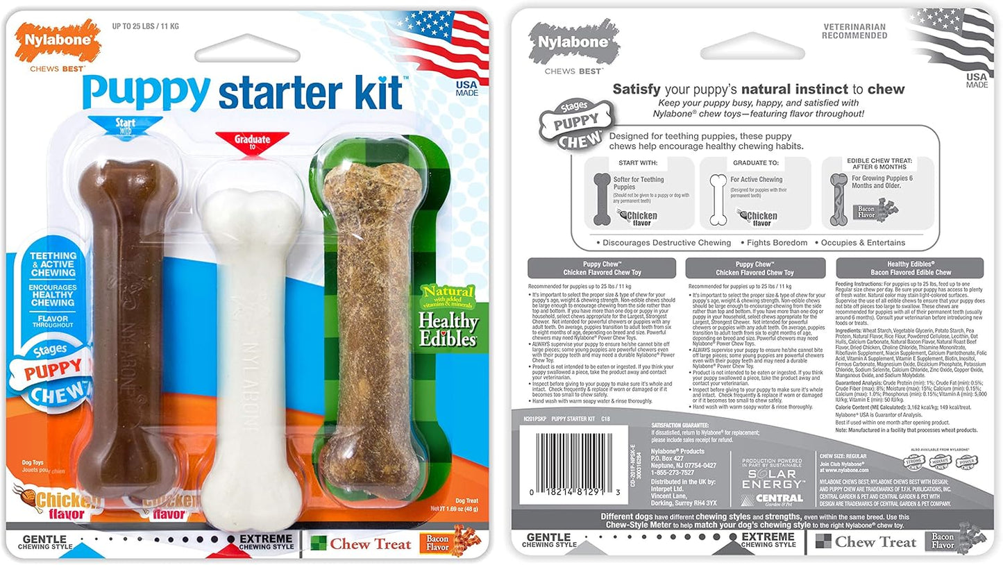 Puppy Starter Kit: 5 Assorted Chew Toys and 1 Natural Treat for Small Dogs (Up to 25 lbs) - Bacon & Chicken Flavor, 6 Pack