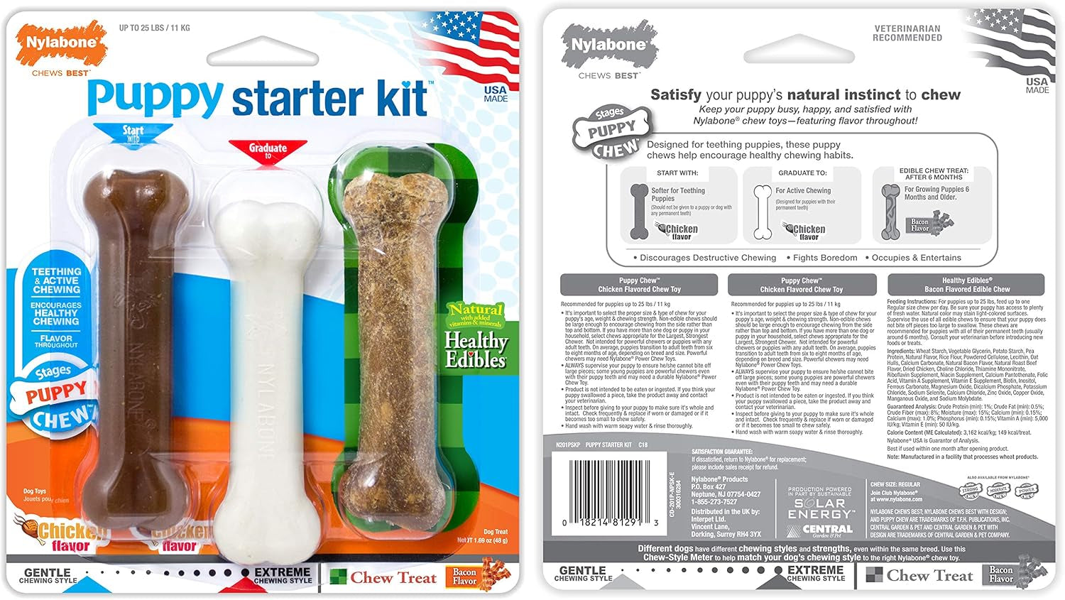 Puppy Starter Kit: 5 Assorted Chew Toys and 1 Natural Treat for Small Dogs (Up to 25 lbs) - Bacon & Chicken Flavor, 6 Pack