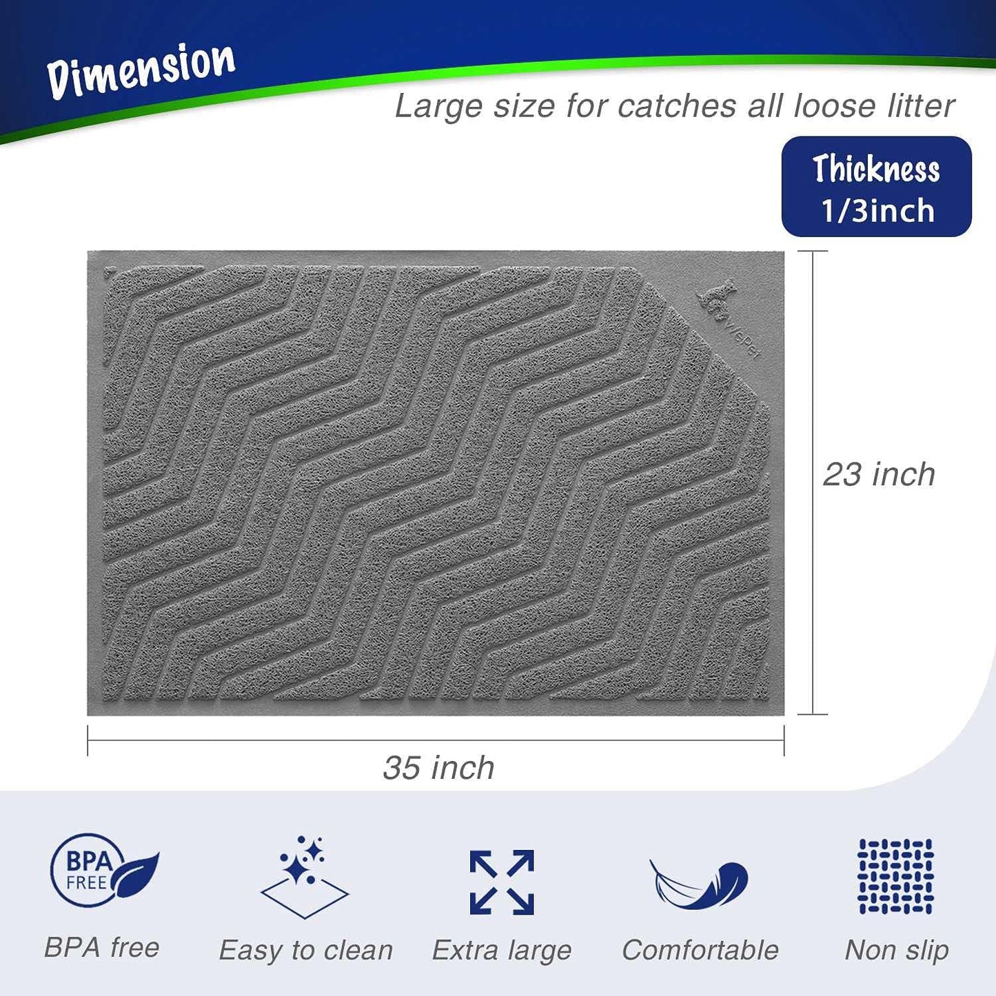 Premium PVC Cat Litter Box Mat, Durable Urine-Resistant Trapping Rug, Phthalate-Free, Grey, 35" x 23