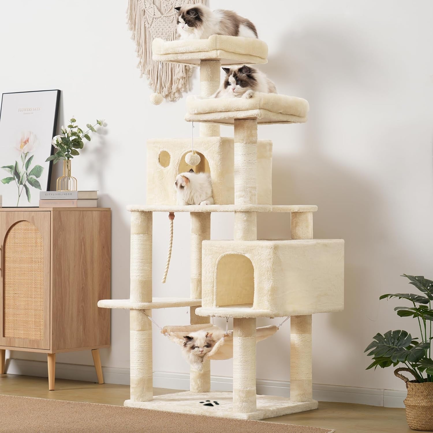 Large Multi-Level Cat Tree Condo with Sisal-Covered Scratching Posts, Spacious Plush Condos, and Perch Hammock for Cats and Kittens - Beige MPJ020M