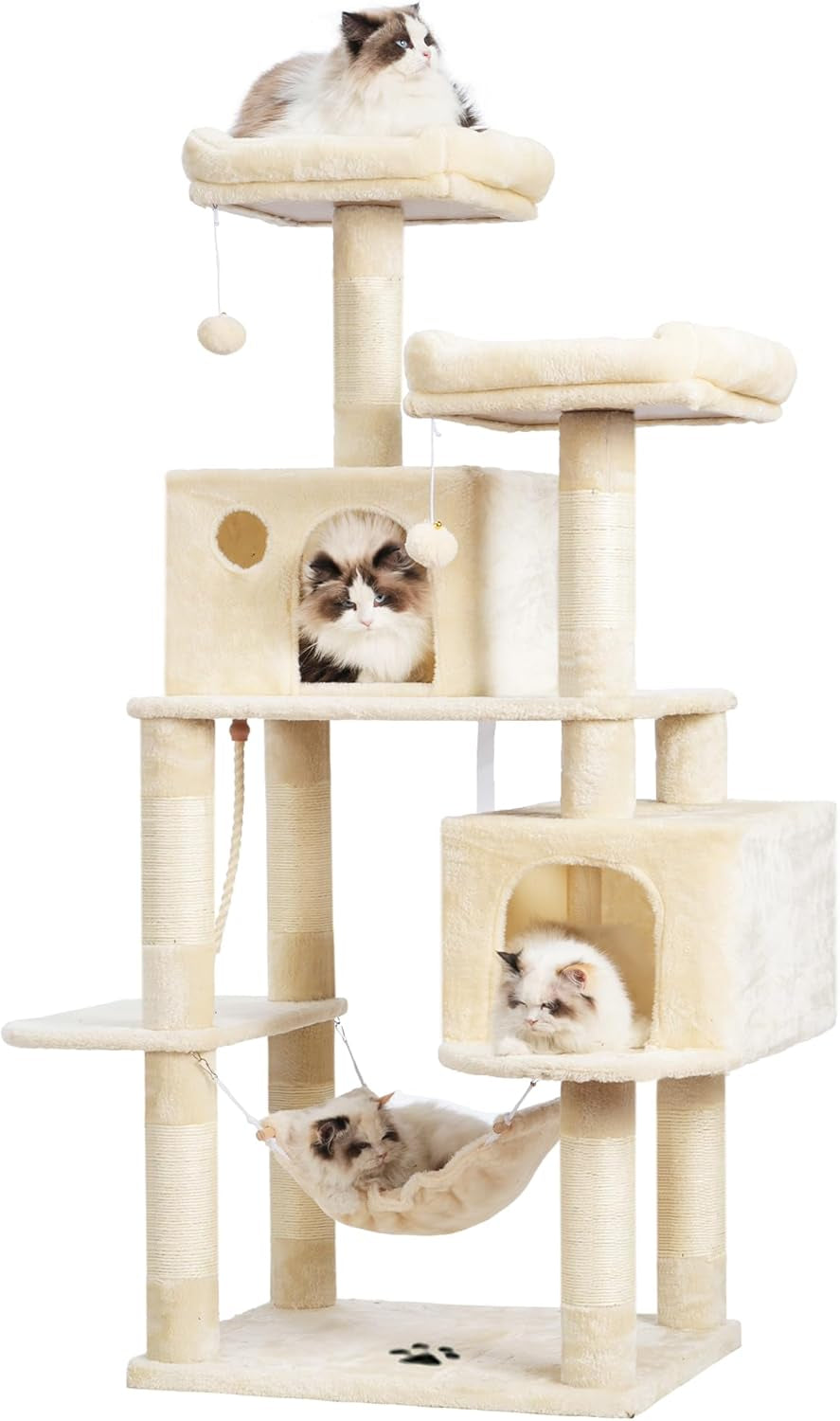 Large Multi-Level Cat Tree Condo with Sisal-Covered Scratching Posts, Spacious Plush Condos, and Perch Hammock for Cats and Kittens - Beige MPJ020M