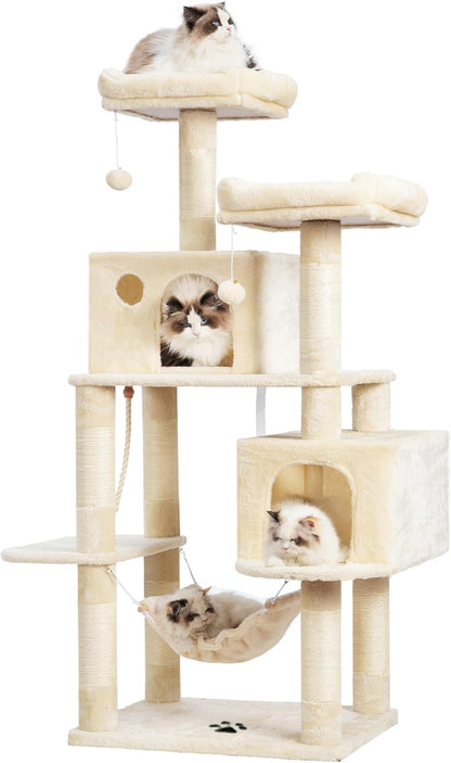 Large Multi-Level Cat Tree Condo with Sisal-Covered Scratching Posts, Spacious Plush Condos, and Perch Hammock for Cats and Kittens - Beige MPJ020M